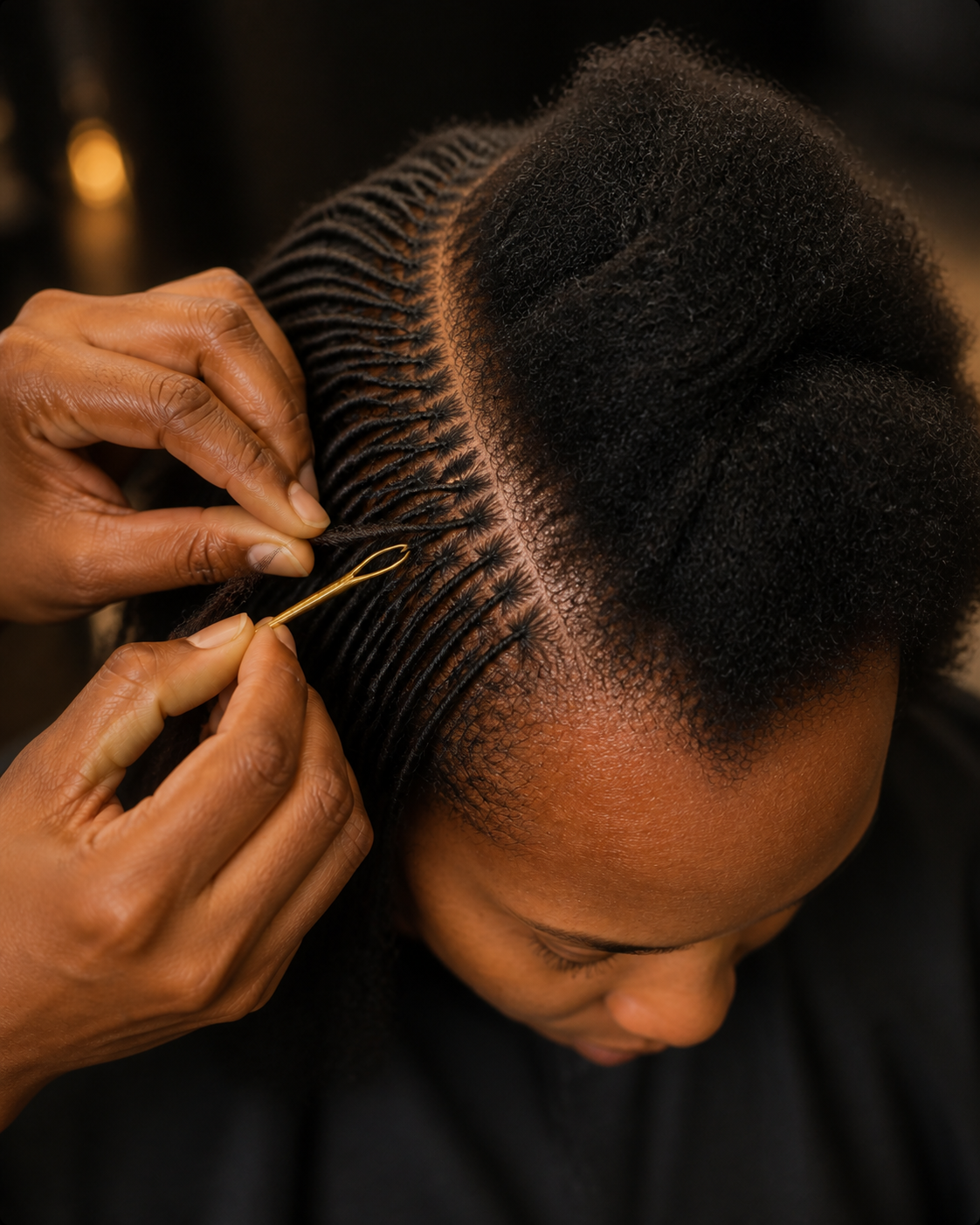 Sisterlocks-size installation in progress on short natural hair using a small bronze tool