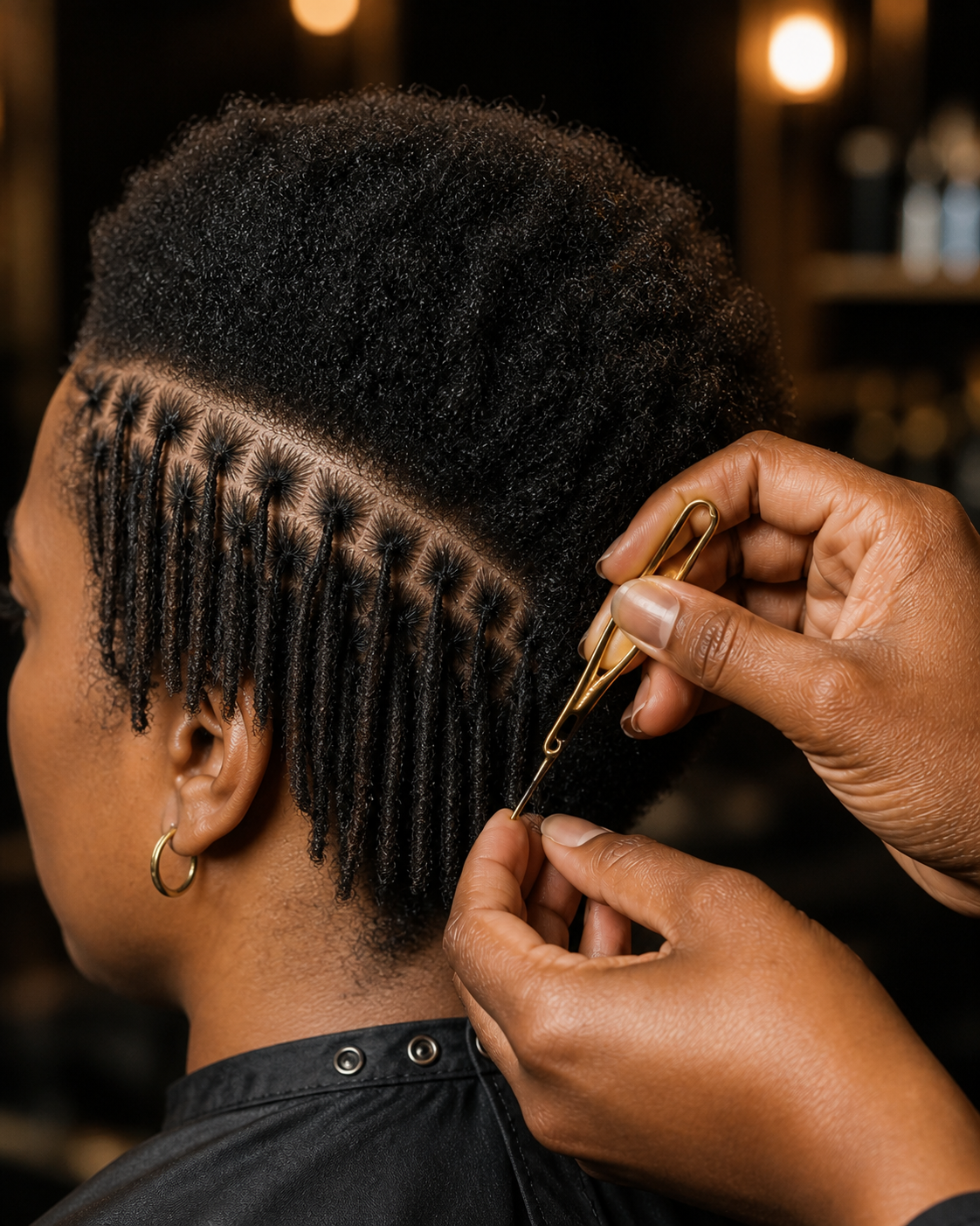 Microloc installation halfway complete on short natural hair