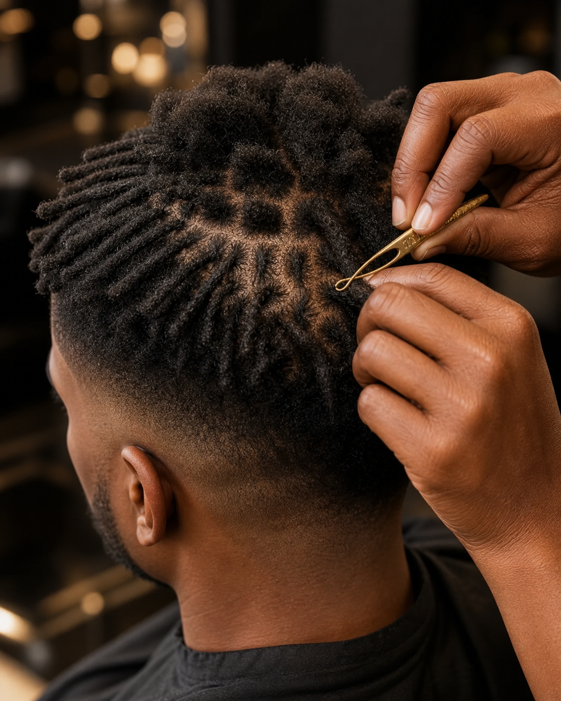 Small loc installation in progress above a men's tapered haircut
