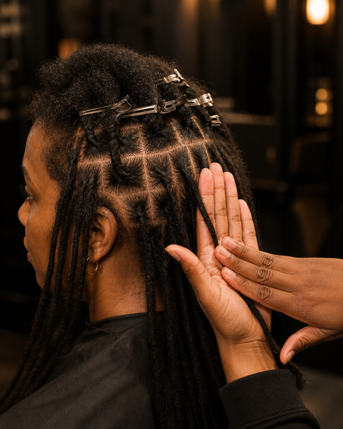 Side view of hands palm rolling locs during a retwist