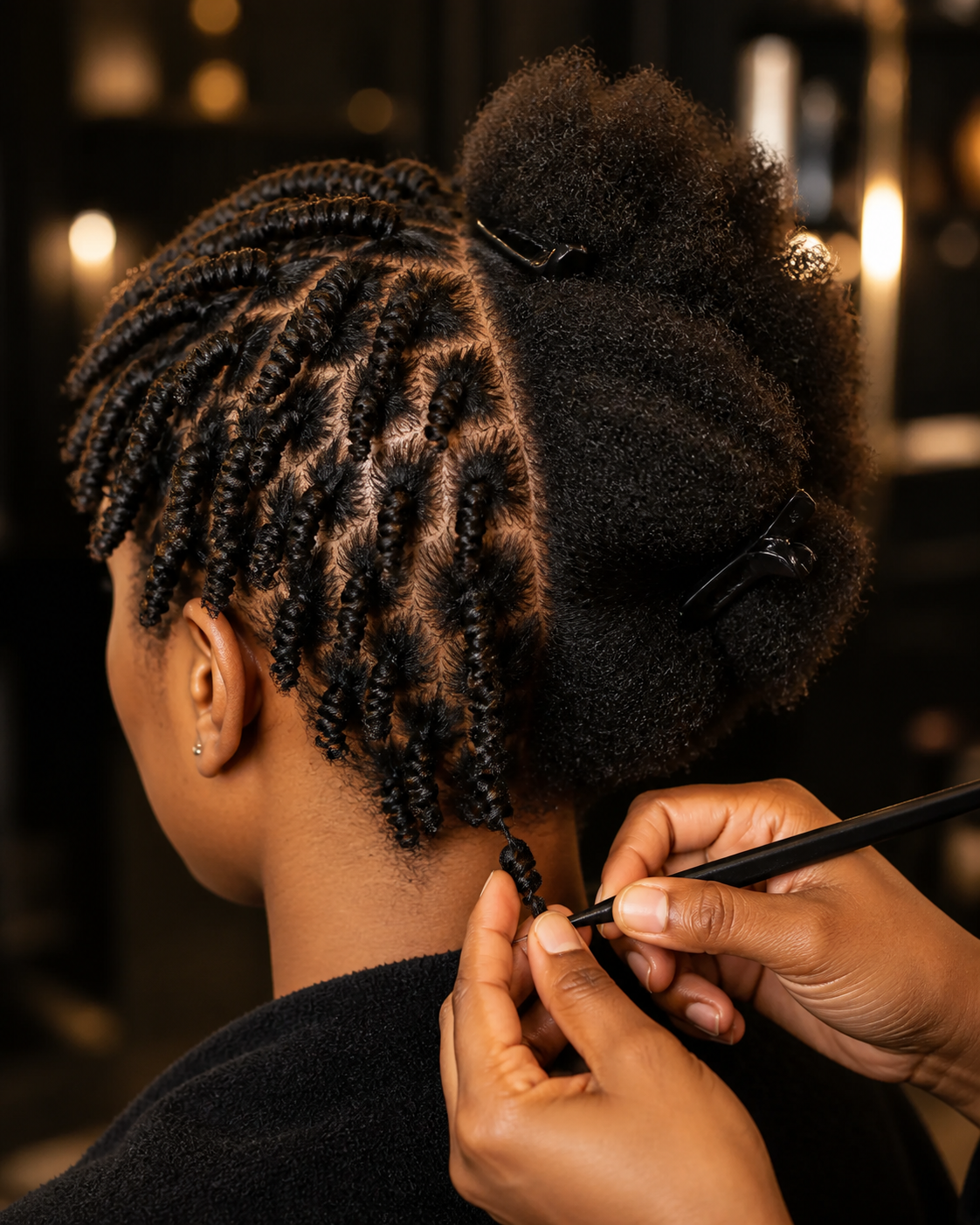 Woman's starter comb coil service halfway complete