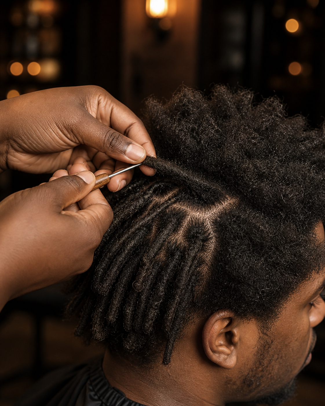Wood-handled crochet tool forming a new loc from natural hair