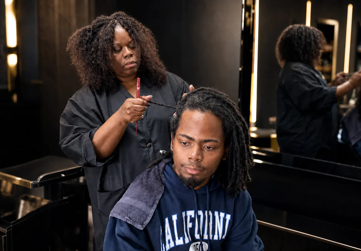 Charlotte working on a client's locs inside The Dreadlocks Salon