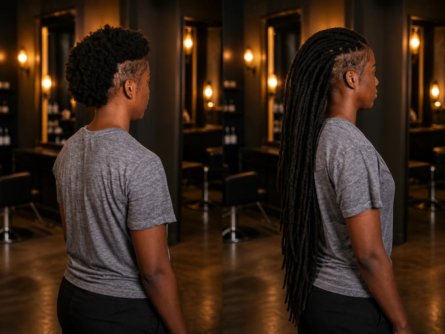 Full-frame before and after transformation from short natural hair to long loc extensions