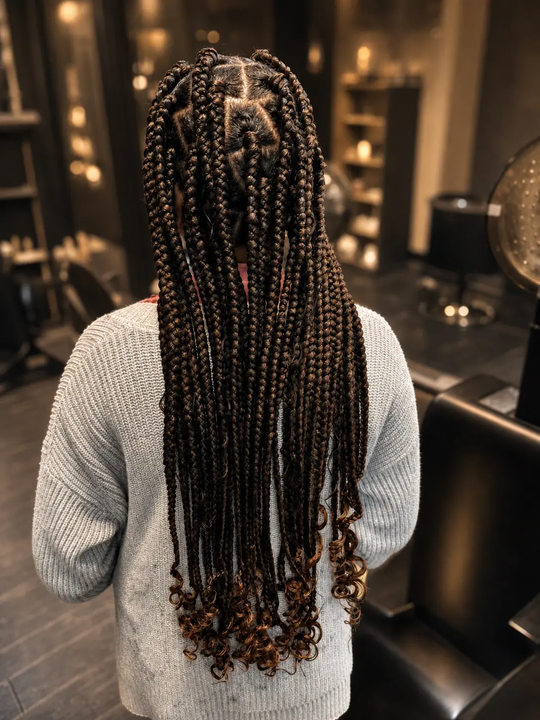 Long small braids with curled ends and clean geometric parting, photographed from the back