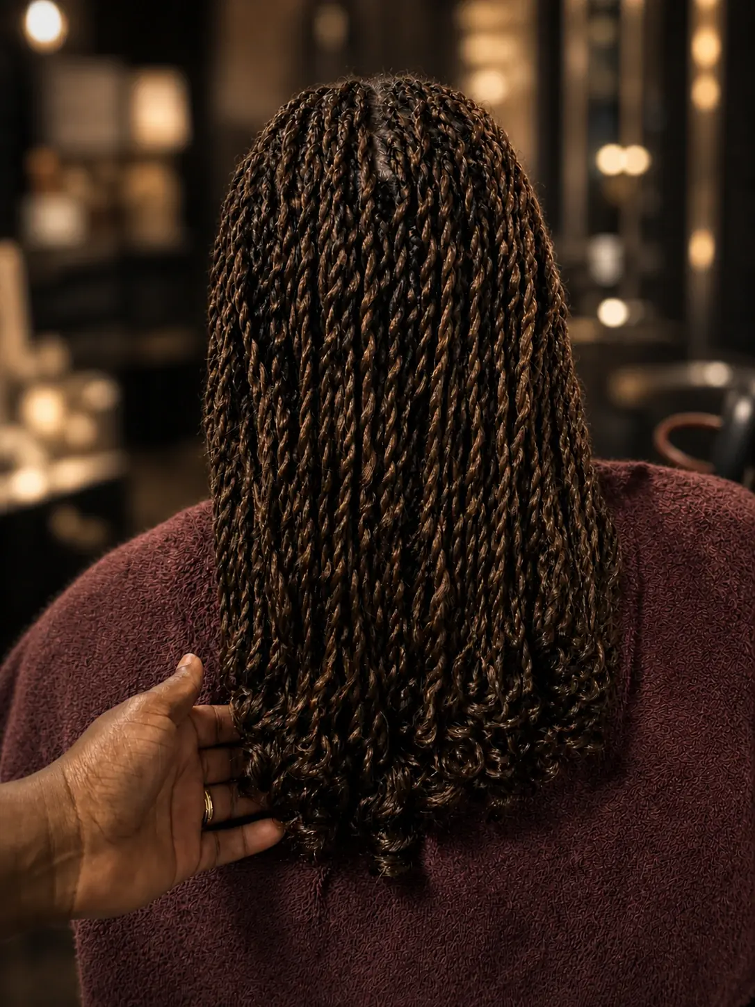 Glossy shoulder-length mini twists with curled ends after styling
