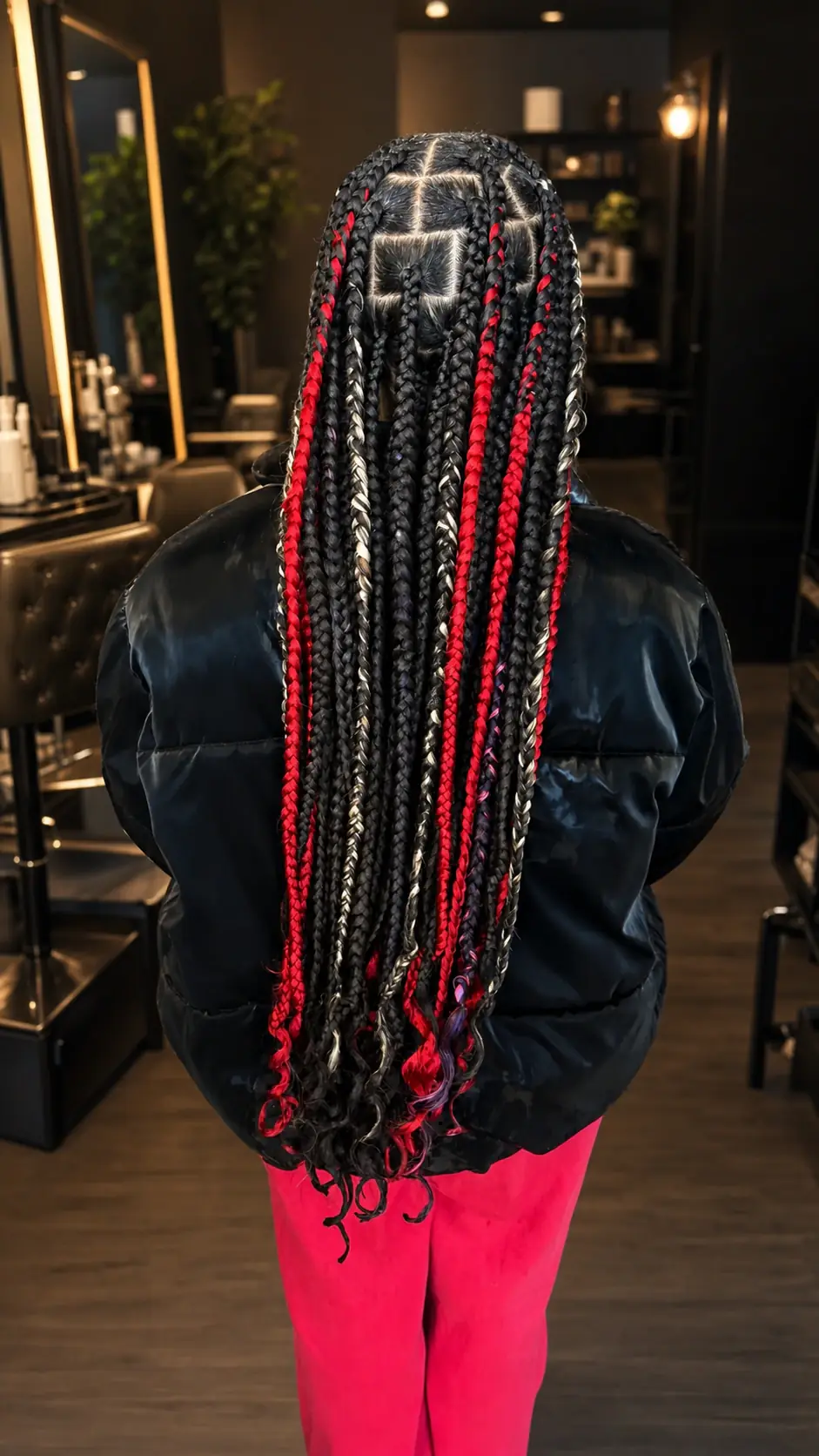 Long black braids with vivid red and silver accent strands
