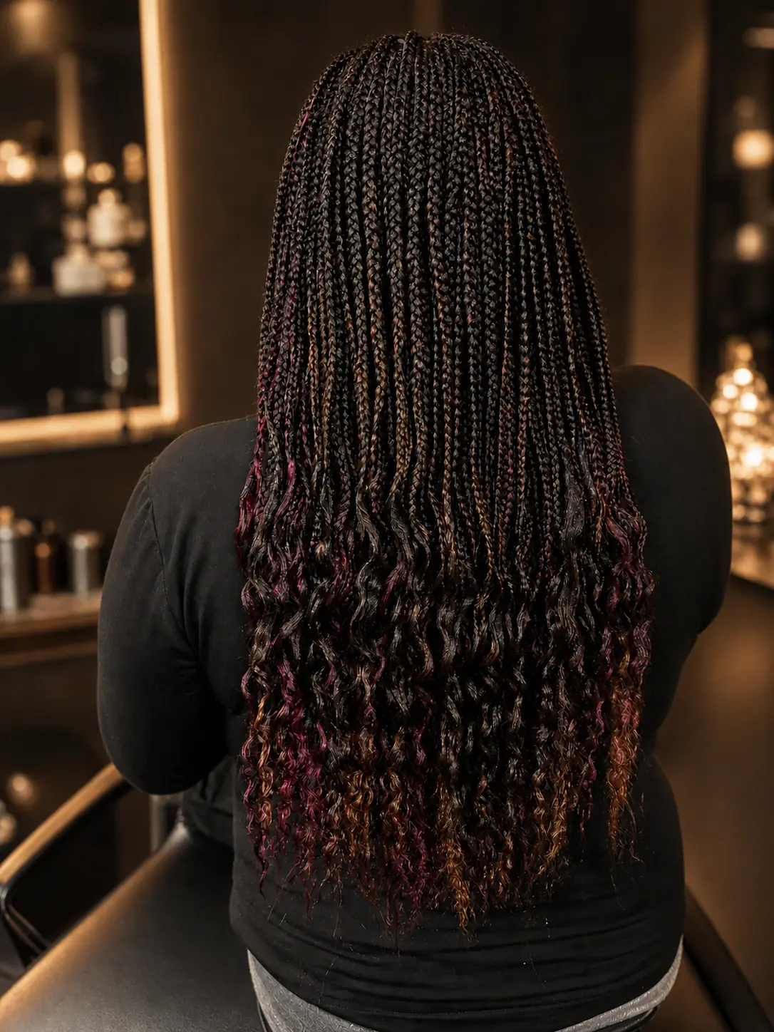 Long small braids with curled burgundy-tinted ends