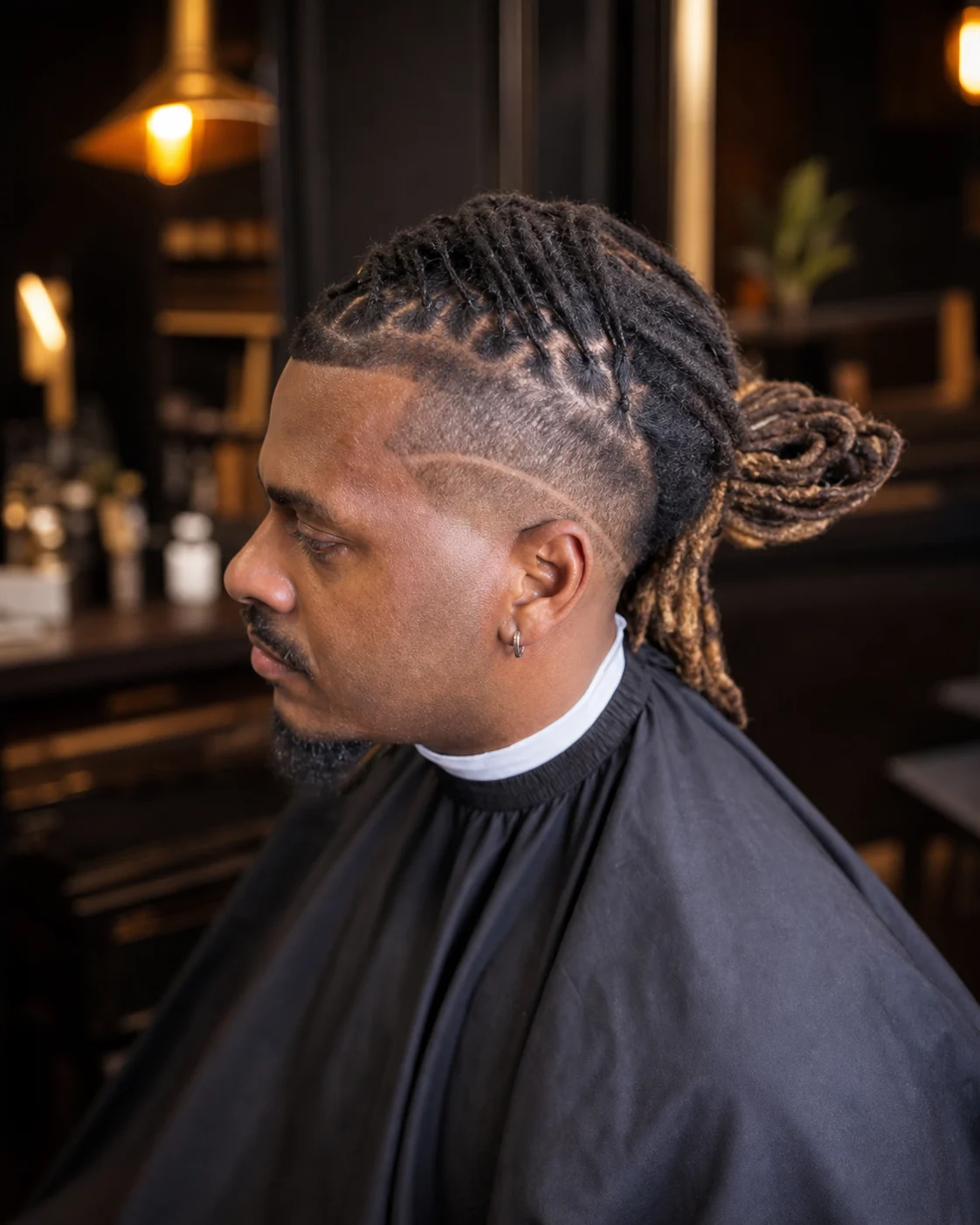 Braided sides and a shaved line flowing into a low loc bun