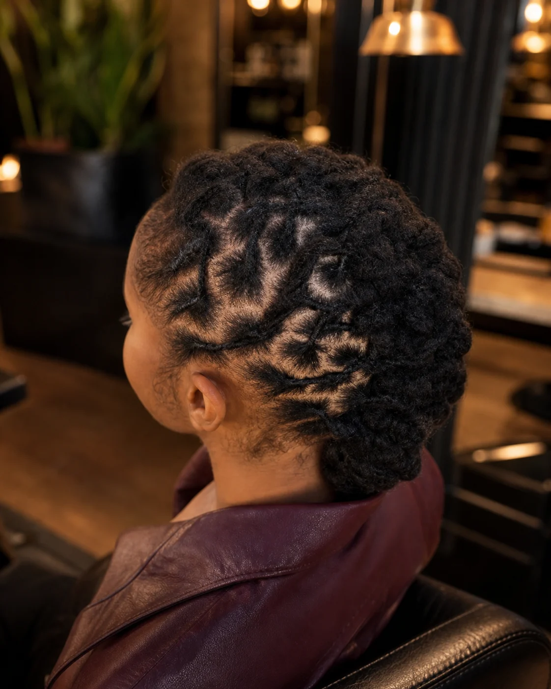 Intricate curved braids flowing into a rounded low loc bun