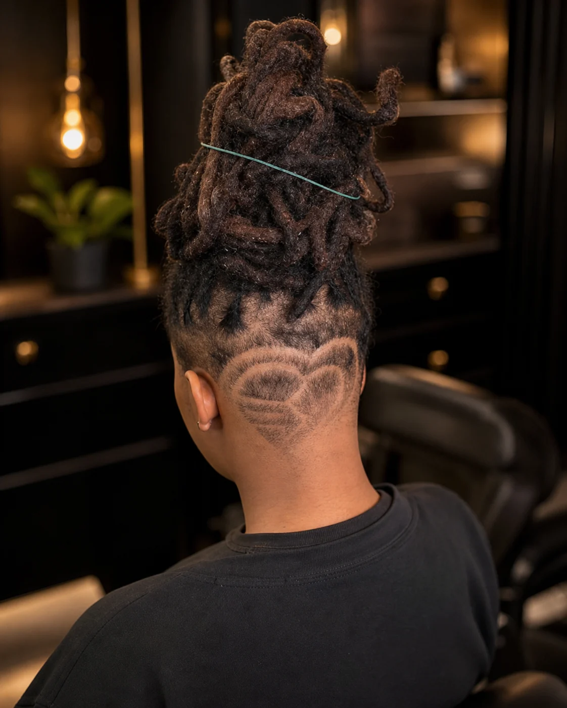 High loc updo above a heart-shaped nape design