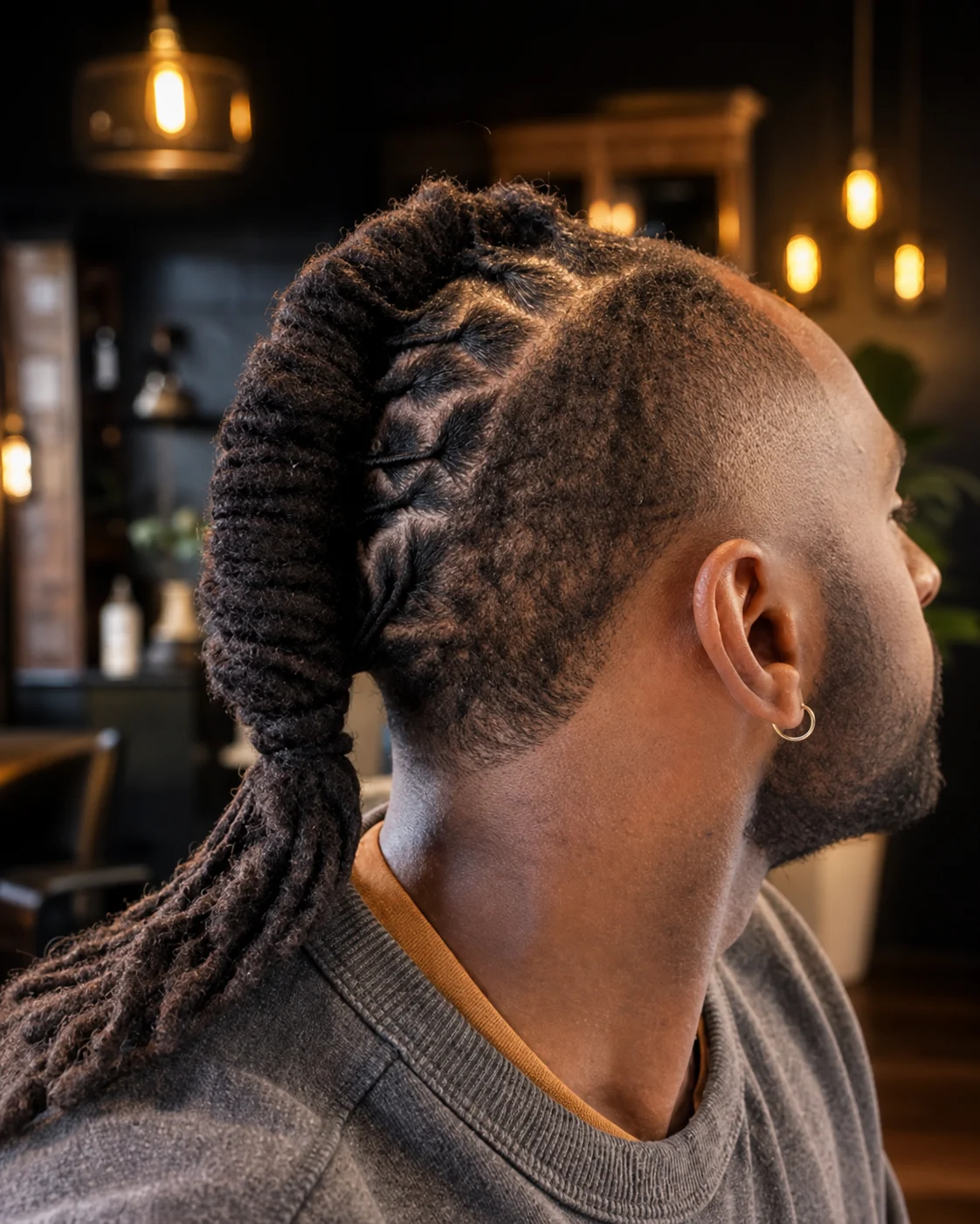 Loc mohawk with clean side braiding, shaved sides, and a tied loc tail