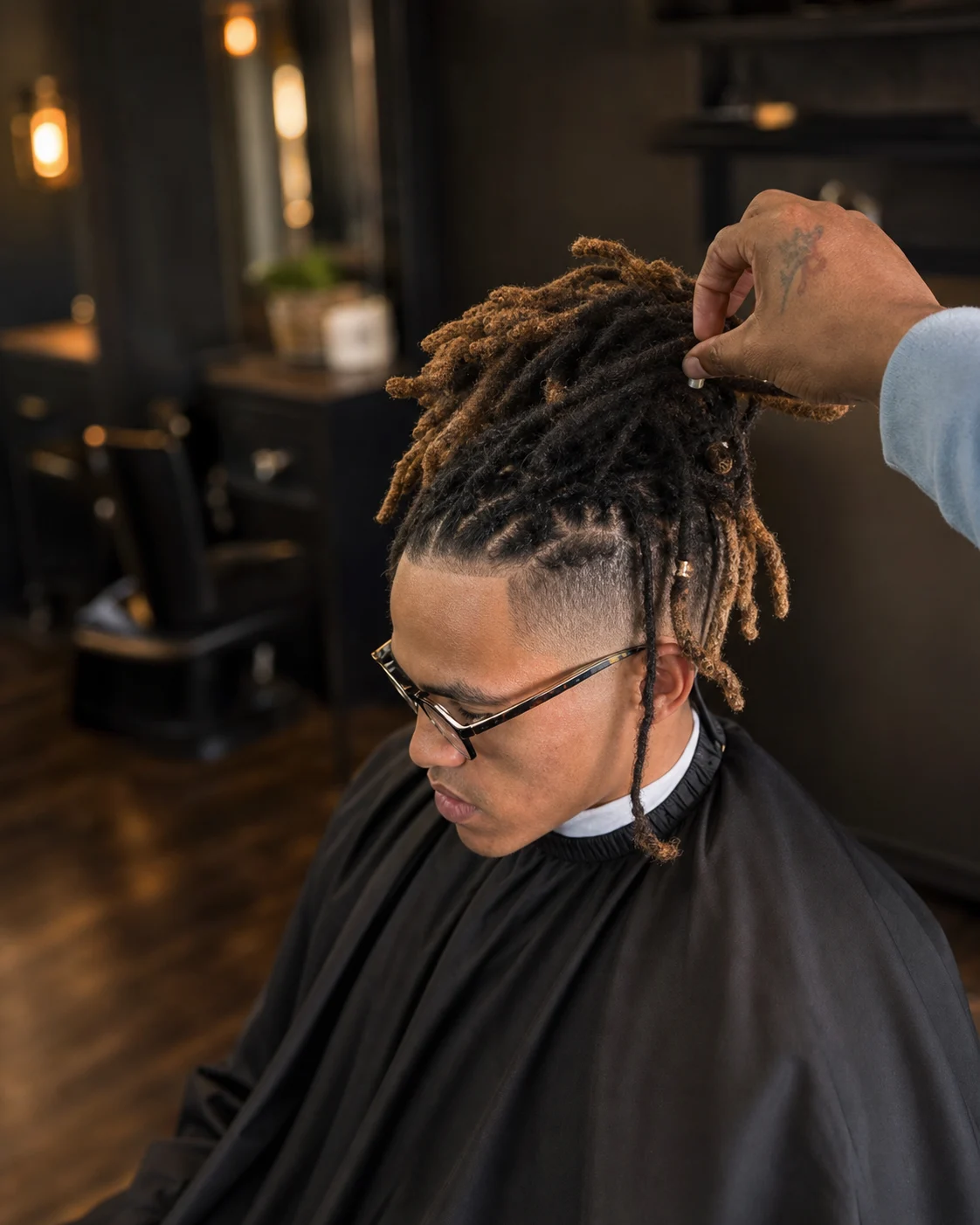 Stylist finishing a high loc updo in the salon