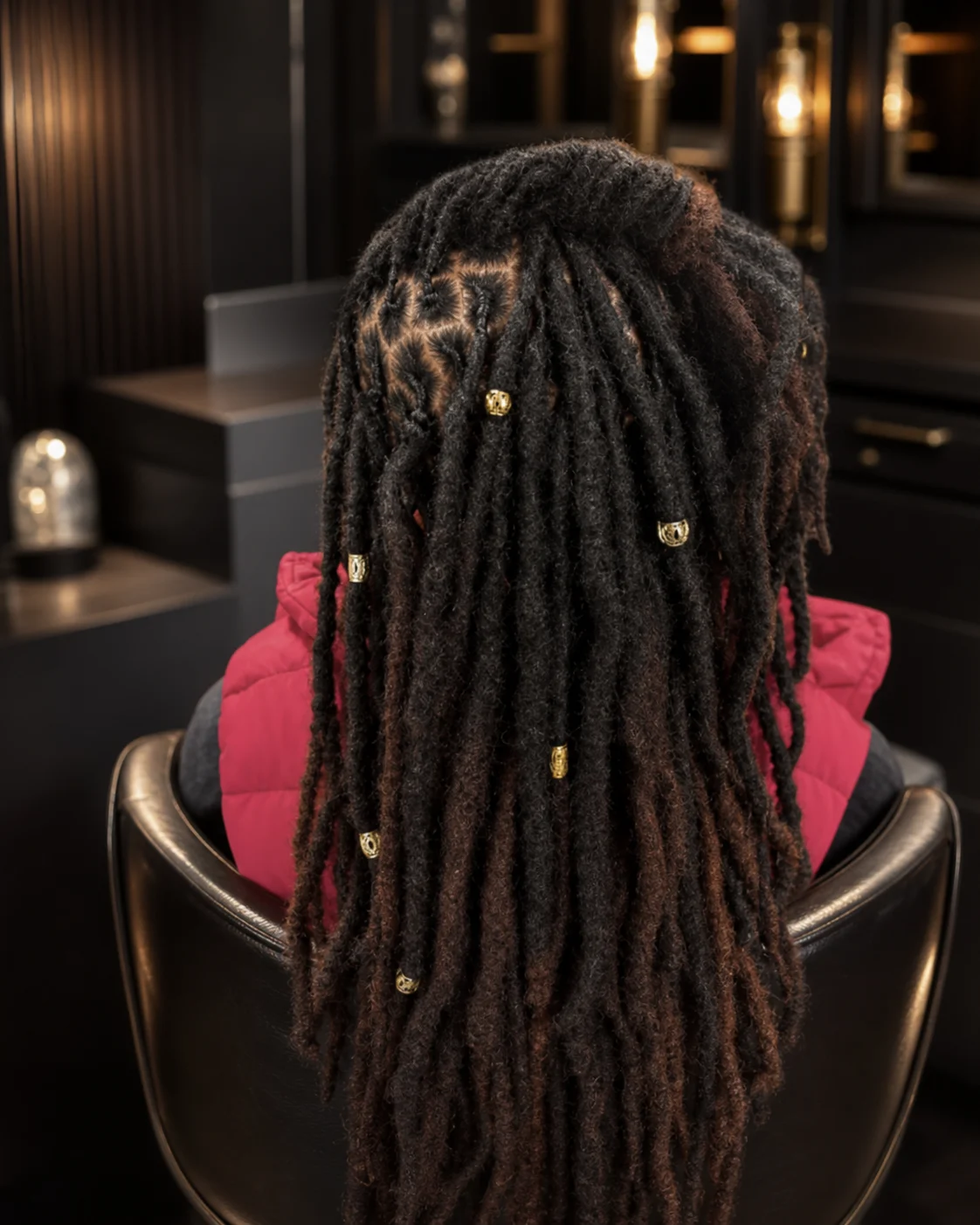 Long mature locs with geometric roots and gold cuffs