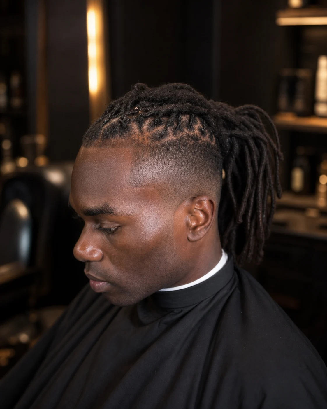Men's loc ponytail with a clean side fade