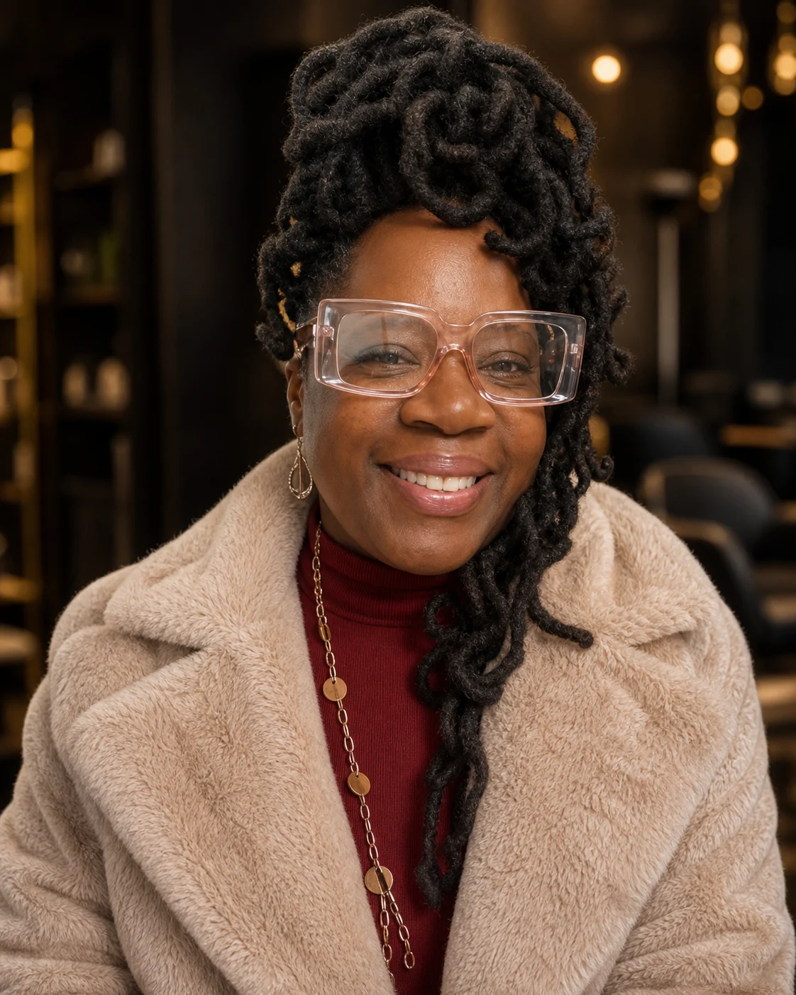 Smiling client wearing sculptural side-swept locs