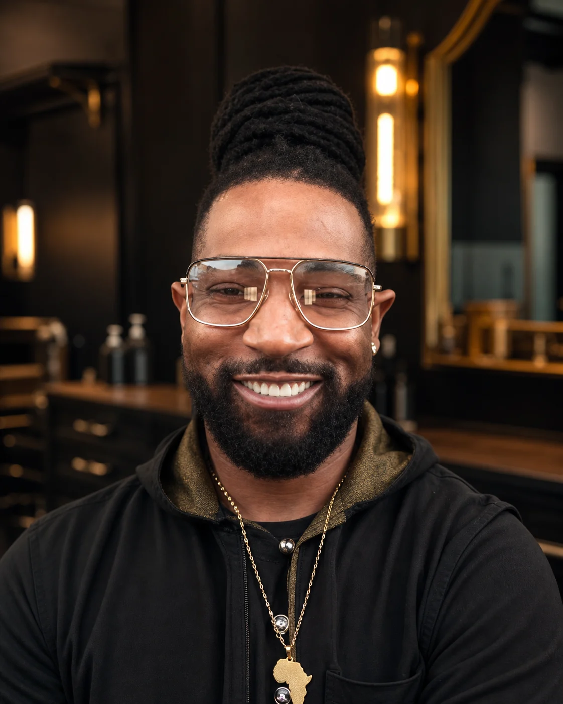 Smiling client wearing a tall wrapped loc bun