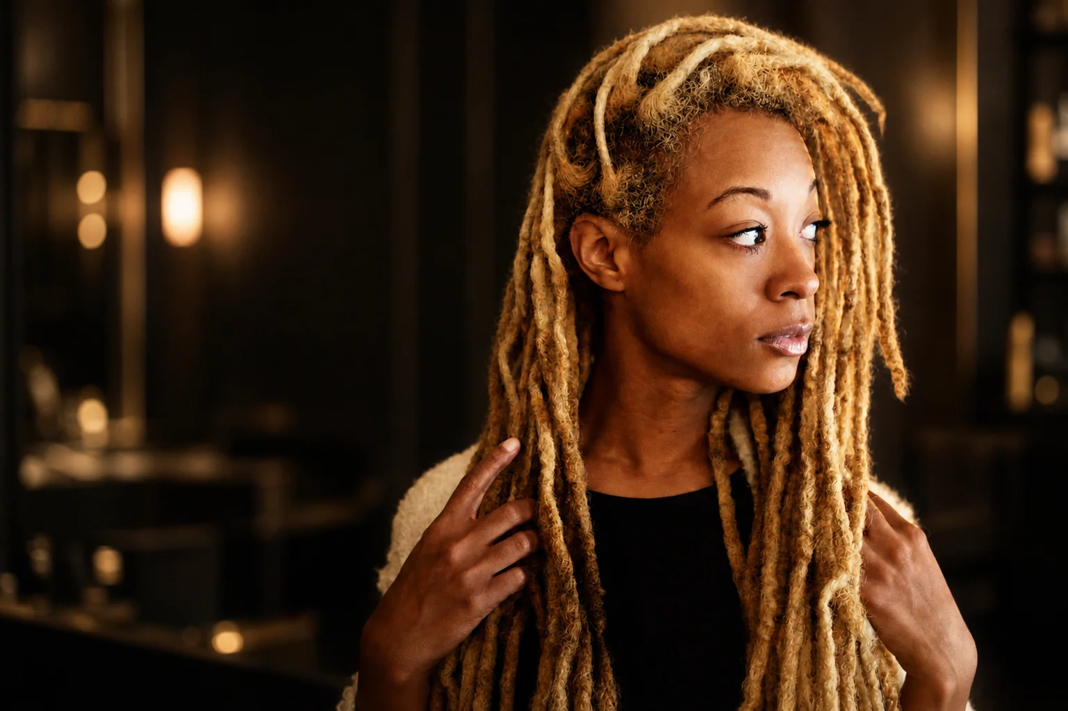 Woman wearing long blonde locs