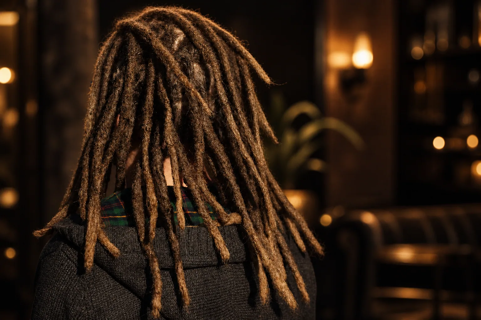 Long mature locs photographed from behind