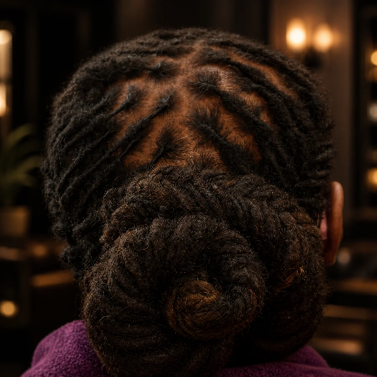 Mature locs arranged into a finished double-bun updo by Myllon