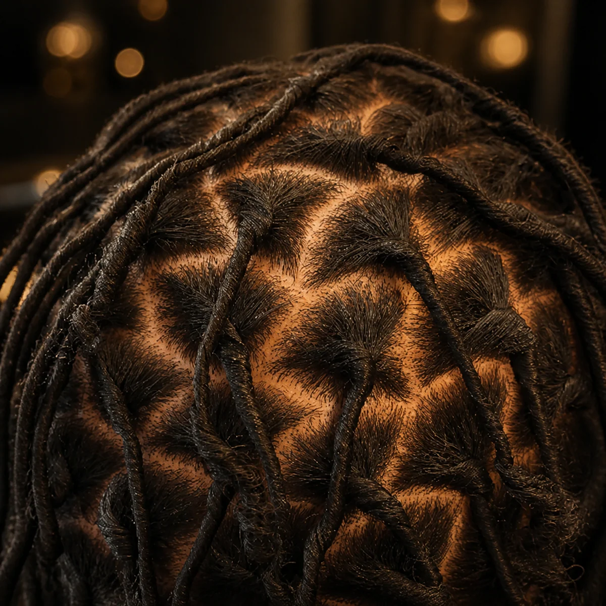 Close view of a finished palm-roll retwist with clean root sections by Myllon