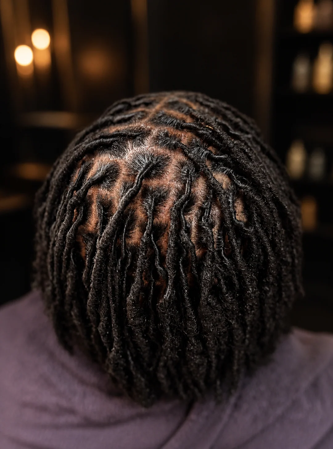Finished retwist on short locs with clean curved parting
