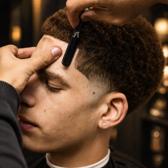 Barber shaping a precise hairline with a straight razor